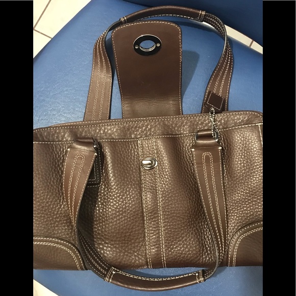 Coach brown with white stitching pebble leather turnlock/zip closure satchel - Picture 7 of 17